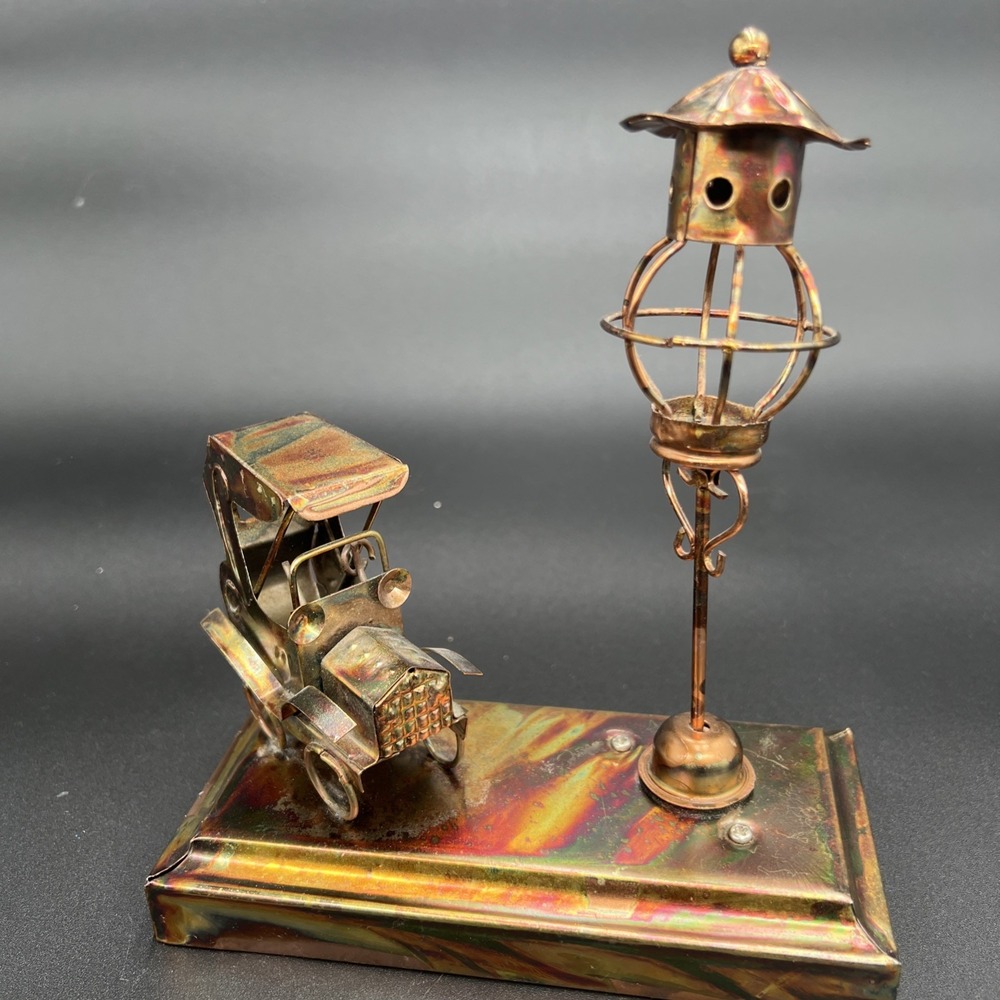Vintage Copper Metal Music Antique Car & Lamppost "Happy Days Are Here Again"